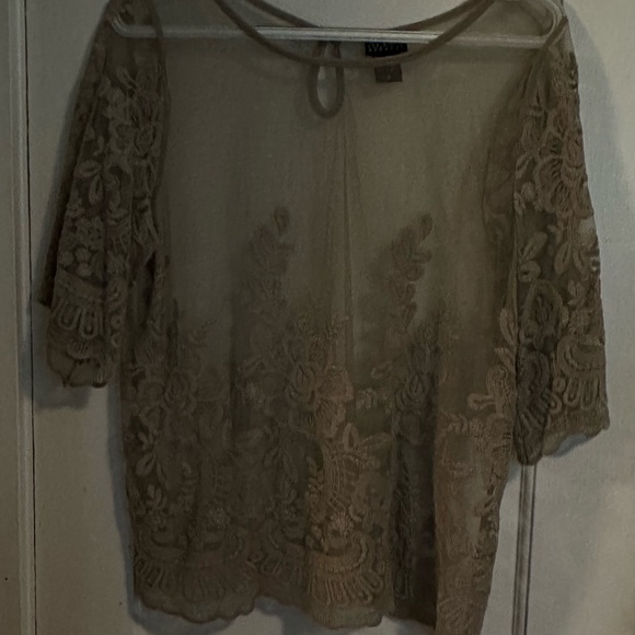 Alloy tan sheer embroidered short sleeve top.  Size M. - Picture 2 of 3